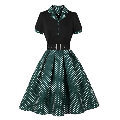 Wellwits Damen Blazerkleid mit Knopfleiste, gepunktet, plissiert, für Arbeit, Büro, formell, Cocktail, 1950er-Jahre, Vintage-Stil, dunkelgrün, 44