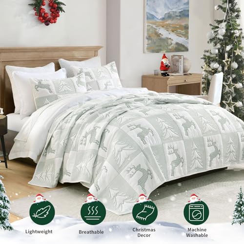 Image of Grassix Christmas Quilt Set King Size, Holiday Bedding Coverlet, White