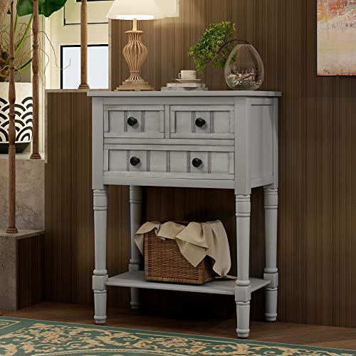 Narrow Console Table, Sofa Table with 3 Storage Drawers and Bottom Shelf Rustic
