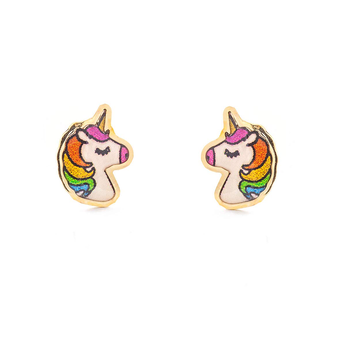 Monde Petit Pendientes Oro Niña Unicornio Esmaltado (9kts) - Estuche Regalo - Certificado de Garantía - Mondepetit