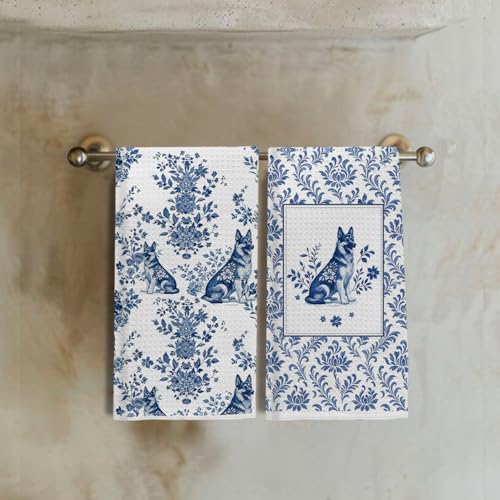 Image of Chinoiserie German Shepherd Kitchen & Hand Towels Set of 2, Blue and White Floral Dog Dish & Tea Towels for Kitchen Bathroom Decor, Vintage Toile Dog Lover Gifts for Women 16x24 Inch