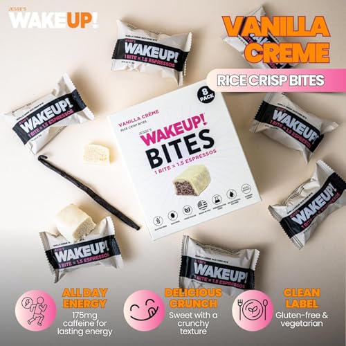 Image of WAKE UP! Caffeinated Vanilla Creme Energy Bites - 175mg Caffeine Per Bar (1.5 Espressos) - Coffee Alternative for Focus, Energy & Gym - Vegetarian, Gluten-Free, Kosher 3 Pack (24 Bites)