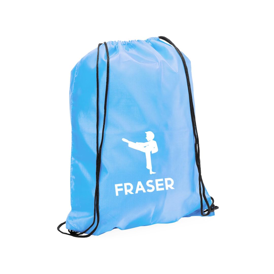 eBuyGB Personalised Martial Arts Bag, Kids Unisex Karate Drawstring Bag Boot Backpack for Sports Day, Girls Boys Rucksack (Light Blue)