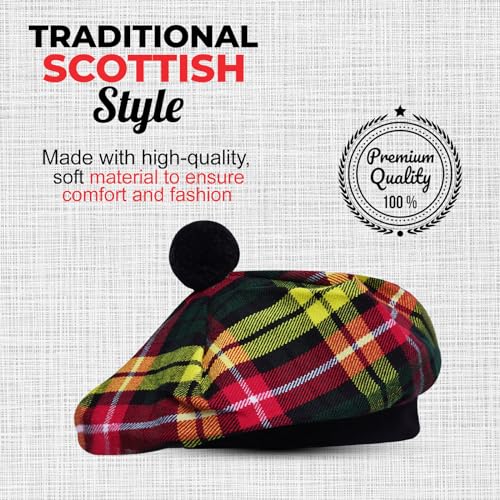 Image of Scottish Tam O' Shanter Hat Tartan Bonnet Pom Pom Wool Flat Cap One Size