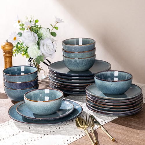 AmorArc Ceramic Dinnerware Sets for 8 24 Pieces Handpainted Plates and Bowls Set Scratch Resistant Stoneware Dishes Set Dishwasher & Microwave Safe Ceylon Blue