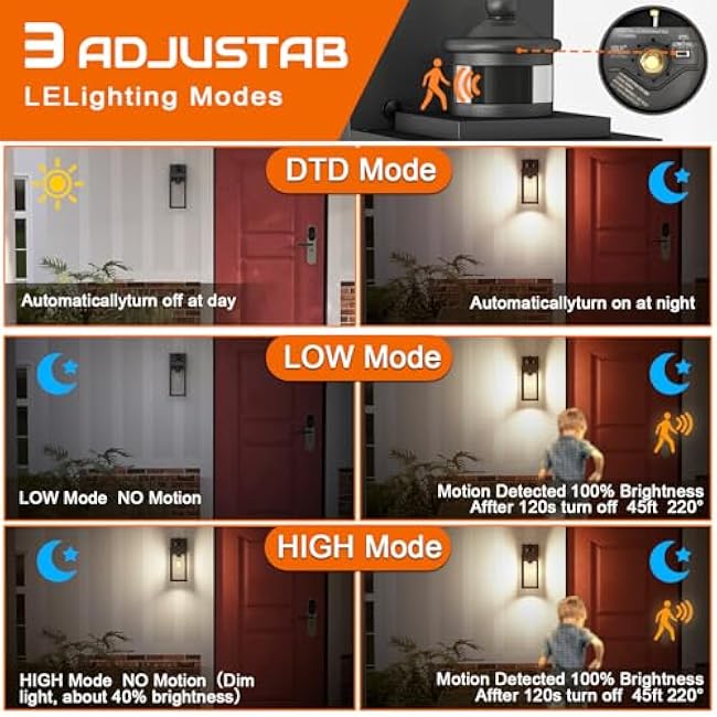 Large Size Outdoor Wall Light, 3 Lighting Modes Motion Sensor Porch Light, Dusk to Dawn Outdoor Lighting, Waterproof and Rustproof Design, Black Sensor Wall Light, 2 Pack for House/Patio/Garage