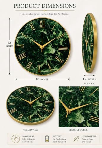 Image of Green Marble Pattern Rasin Wall Clock with Gold Roman Numerals