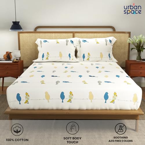 Image of Urban Space Divine 144TC 100% Cotton Printed Bedsheet for Double Bed, Double Bed Sheet Cotton with 2 Pillow Covers and 3 Cushion CoversWith Giftbox (Humming Bird Blue, Size 88 X 100 Inches)