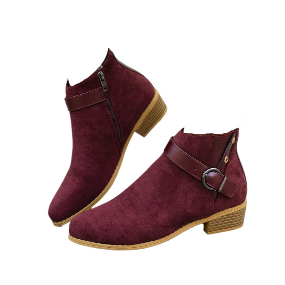 Faithgee Womens Fall Winter Pointed Toe Chunky Heel Side Zipper Ankle Boots Suede Casual Buckle Decor Stylish Low