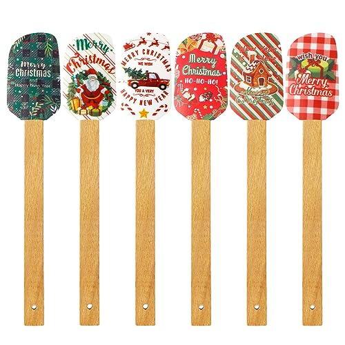 Patelai Christmas Silicone Spatula With Wooden Handle - Xmas Cake and Snowmen Pancake Spatula, Cute Pan Scraper, Dish Scraper for Kitchen Mixing Cooking (Chic Style, 6 Pieces)