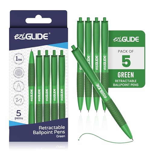 Eziglide Retractable Ballpoint Pens 5-Pack Green Pens For Smooth Writing