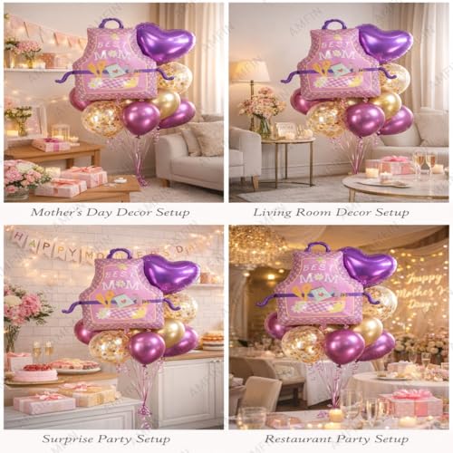 Image of AMFIN (Pack of 10) Happy Birthday MOM Mother's Day celebration balloon bouquet setup home party decor apron theme pink gold heart arrangement gift surprise decoration kit Mummy