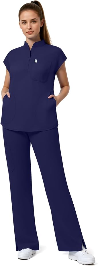 Womens Medical Scrub Set, Stand Collar Placket Top & Straight Pants