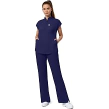 Womens Medical Scrub Set, Stand Collar Placket Top & Straight Pants