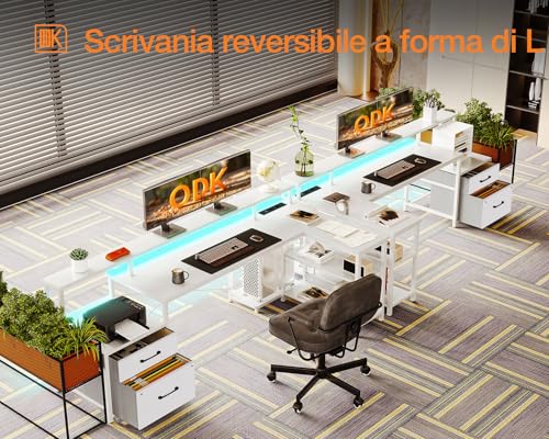 Scrivania con Cassetti, 189.3×100cm Grande Scrivania Angolare Reversibile con 2 Porte di Ricarica USB e 2 Prese di Corrente, Scrivania Gaming con LED, Scrivania ad L per Casa Ufficio, Bianco - Scrivania Gaming - Immagine 3