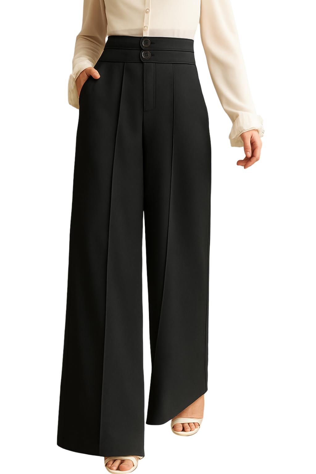 Women’s High Waist Wide Leg Formal Trousers with Double Button Waistband | Office Wear & Casual Wear Pants with Side Pockets – Beige, Grey & Pink-image-5
