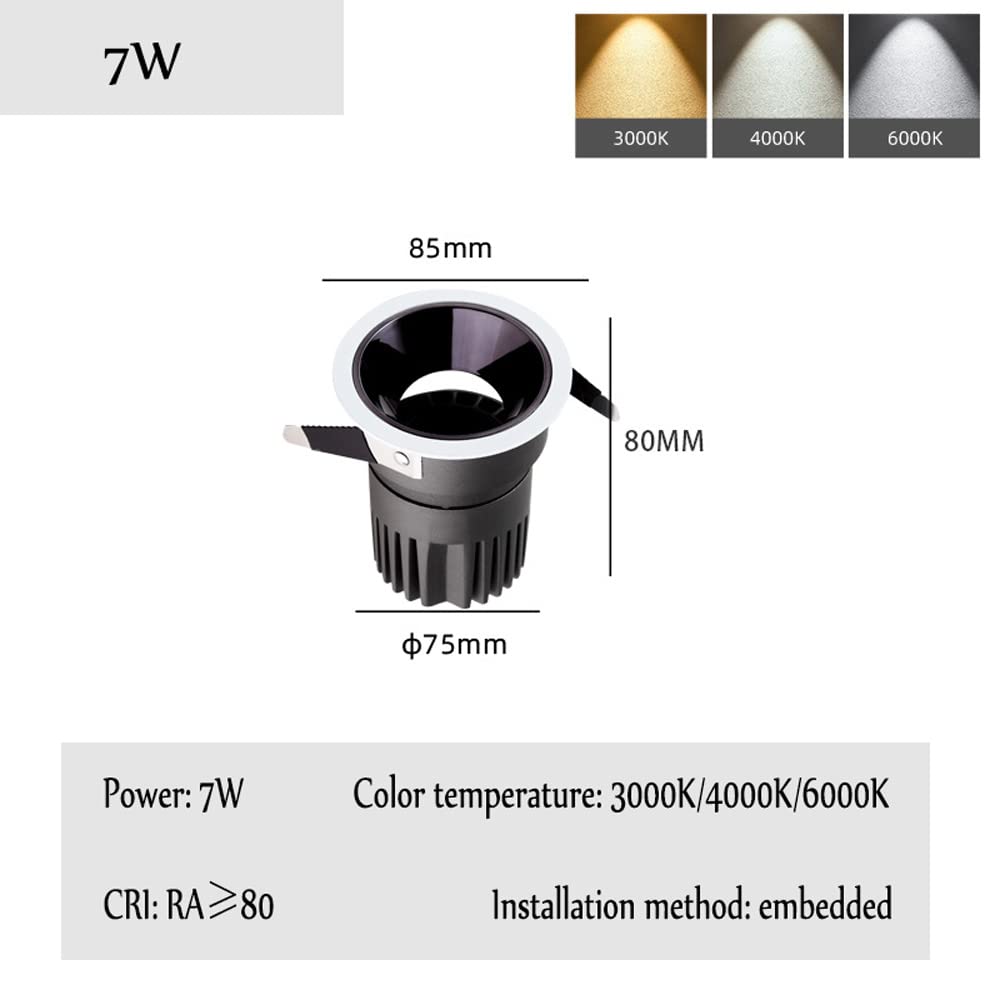 Luces LED empotrables de Techo de 7 W, 3000 K, cálidas, 4000 K, Naturales, 6000 K, de aleación de Aluminio, Redondas, Negras, antideslumbrantes, COB, 1 Unidad, 2 Unidades, 8 Unidades, 14 Unidades