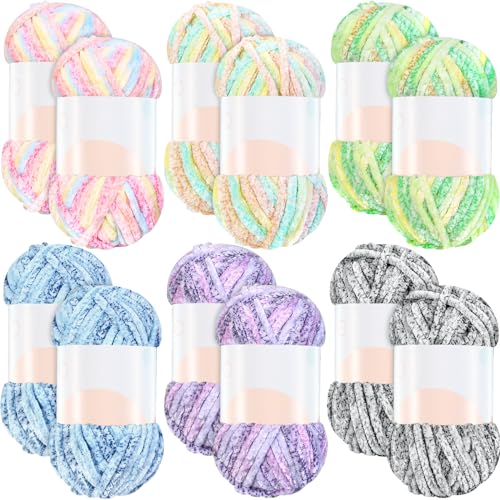 Image of Xinnun 12 Skeins 1116 Yards Chenille Velvet Soft Thick Plush Yarn Bulk for Crocheting Knitting Blanket DIY Weaving Craft, 6mm, 3.5 Oz /Skein(Vibrant Color)