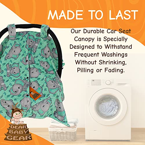 Image of Dear Baby Gear Car Seat Cover for Boys & Girls - Baby Carseat Canopy w /Snap Opening - Infant Seat Cover - Nursing Covers - Newborn Carrier Canopy - 40x30 (Gray Elephants on Mint Foliage - Gray)