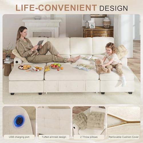 Image of Hanherry 104 inch Sectional Couch with Pull Out Sofa Bed,Chenille Sleeper Sofa with Storage Ottoman & USB Charging,Comfy U Shaped Modular Couches for Living Room,Apartment