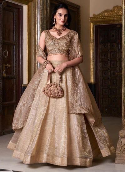 Image of JIHU CULTURE Women's Cream Gold Crush Silk Zari Embroidery Work Semi Stiched Lehenga Choli