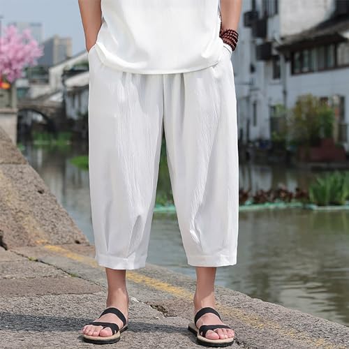 Capri Pants for Men Baggy Breathable Linen Wide Leg Cropped Pants 2025 Trendy Solid Drawstring Harem Pant Plus Size2