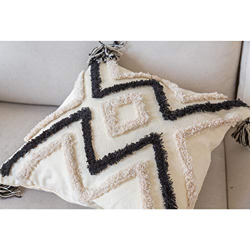 Snugtown Woven Tufted Boho Throw Pillow Cover Set Of 2, Modern Decorative Geometric Chevron Striped Cushion Covers, Farmhouse Tribal Pillowcases, 18 X 18 Inches, Black, Ivory #TOP4