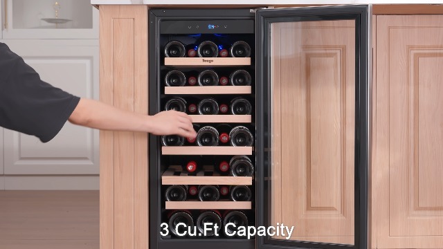 Image of Yeego 15 Inch Wine Fridge - 33 Bottles Wine Cooler with Glass Door, 40-65F Built in Under Counter Freestanding Wine Refrigerator with Adjustable Shelves for Home Bar Office Kitchen