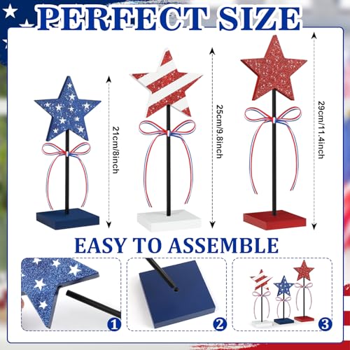 4th of July Tiered Tray Decor Wooden Star Set, 3 Pcs Memorial Day Table Decorations, Rustic Patriotic Tabletop Home Decor, Red White and Blue Decorations for Home (Shiny) by Hedeey - Used condition - Image 3