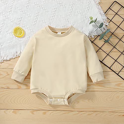 Sweatshirt Romper For Infant Baby Girl Boy Long Sleeve Crewneck Oversized Bodysuit Waffle Fall Winter Pullover Top (Solid Khaki, 0-6 Months) #TOP5