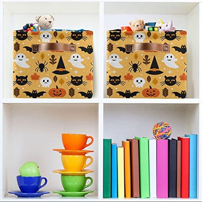 Large Storage Basket Halloween Spooky Skull Pumpkin Black Cat Foldable Storage Box Organizer Bins with Handles for Bedroom Home Office