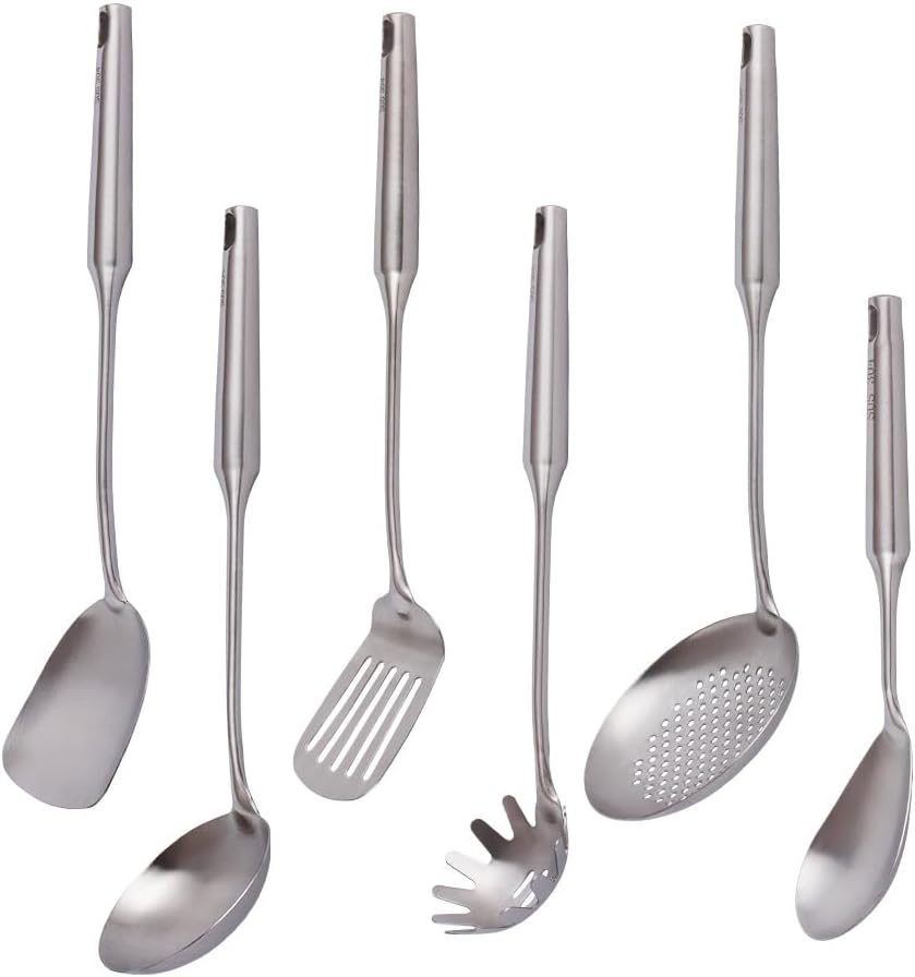 304 Stainless Steel Kitchen Utensils Set, VALESKA 6 PCS Metal Cooking Utensils Set, Wok Spatula, Ladle, Skimmer Slotted Spoon, Pasta Spoon, Serving Large Spoon, Slotted Spatula Tunner