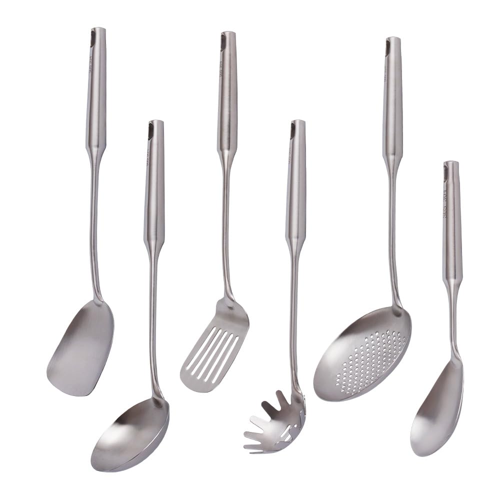 304 Stainless Steel Kitchen Utensils Set, VALESKA 6 PCS Metal Cooking Utensils Set, metal spoon,Wok Spatula, Ladle, Skimmer Slotted Spoon,Serving Large Spoon, Slotted Spatula Tunner