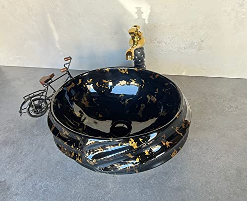 Image of Designer Glossy Finish Ceramic Art Table Top Wash Basin For Bathroom | Collapsible Countertop Washbasin (Black White Glossy Art, 16 x 13 x 6 Inch)