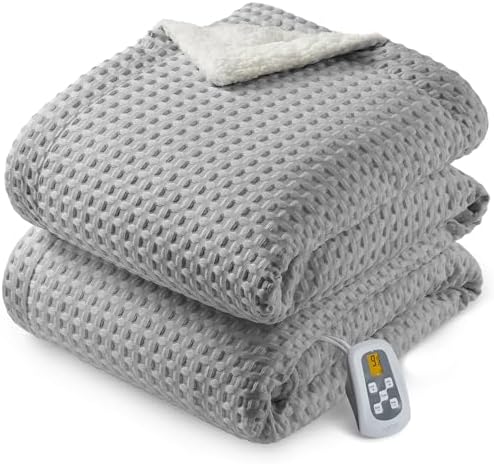 CAROMIO Heated Blanket Full Size, Waffle Weave Electric Blanket Throw with LCD Controller, Fast Heating, 10 Heat Levels & 1-12H Time Settings, ETL Certified, Machine Washable, Grey, 72