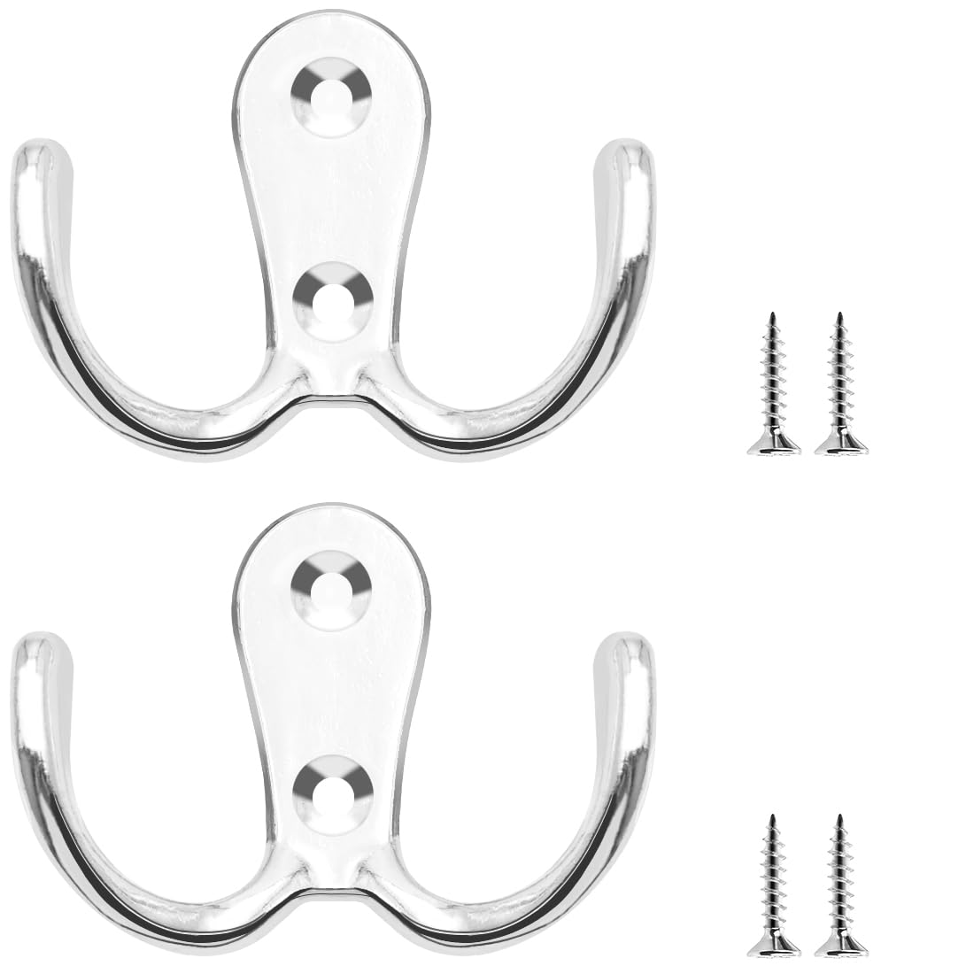 Licqic 2 Pcs Sliver Double Prong Robe Hooks, Dual Coat Door Hooks, Double Hook For Hanging Robe, Towel, Coat, Bag, Hat (Silver, 2 Pcs)