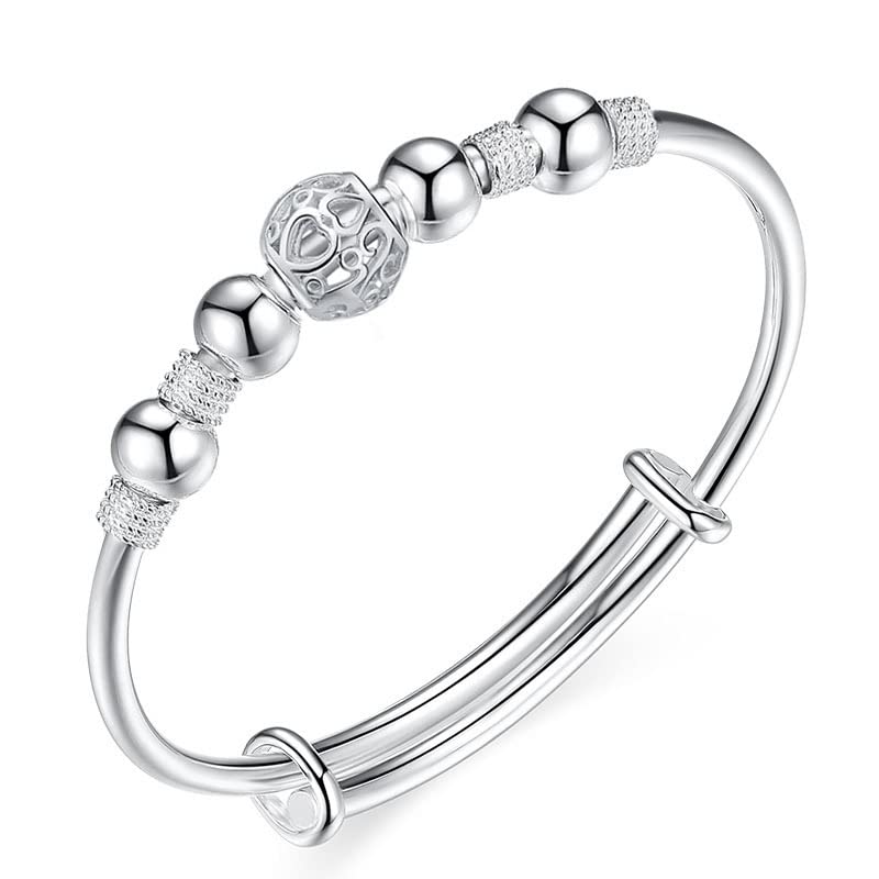 925 Sterling Silver Beads Bangle Bracelet Adjustable Women