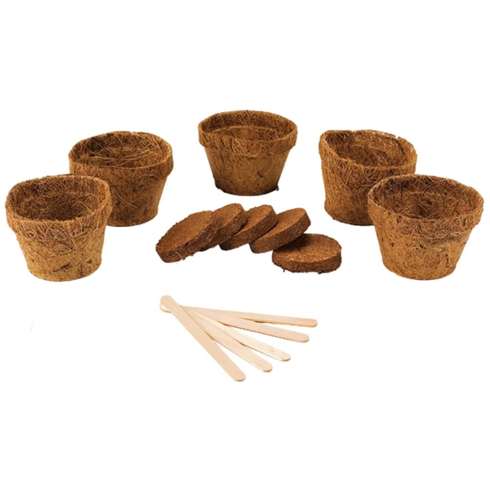 Gifts Direct 2 U Starter Pack of 5 - Coco Coir Plant Pots & Coco Coil Husk Compost Discs & Plant Marker Sticks Natural Coconut Fibre