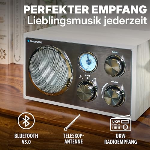Blaupunkt RXN 180 Nostalgieradio in zeitlosem Holz-Design, mit UKW-Radio, Bluetooth, AUX-IN, einfache Bedienung, hochwertige Drehregler & Holzkorpus für kraftvollen Klang, Weiß SG