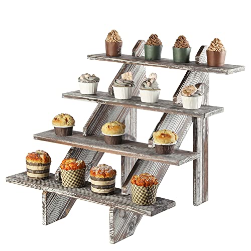 Mygift Rustic Torched Brown Wood Retail Display Riser, Cascading 4-Tier Decorative Merchandise And Cupcake Stair Stand #TOP6