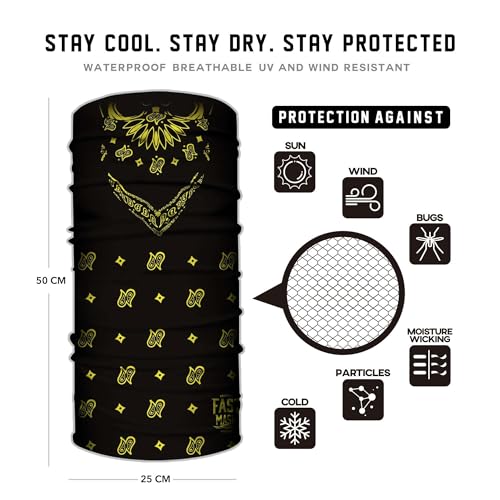 Fast Mask - Live Fast Gear Black & Yellow Paisley Bandana Face Mask, SPF 40 UV Protection, Moisture Wicking Microfiber