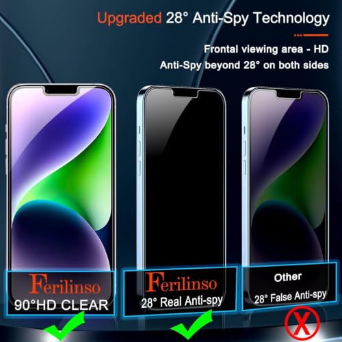 Image of Ferilinso 3 Pack Privacy Screen Protector for iPhone 14 Plus /13 Pro Max | 9H+ Tempered Glass, Military-Grade Shatterproof, HD, Case Friendly, Easy Installation Bubble Free, with Camera Lens Protector