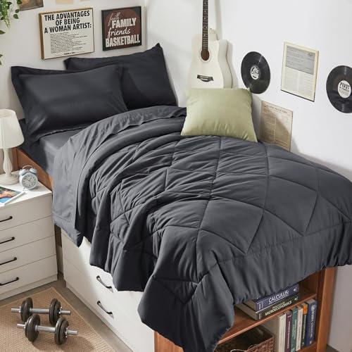 HEVUMYI Twin-XL Comforter Set - 5-Piece All Season Bed in a Bag Twin-XL, Ultra Soft Bedding Set with Comforter, Flat Sheet, Fitted Sheet, Pillowcases, Pillow Shams, Dark Grey