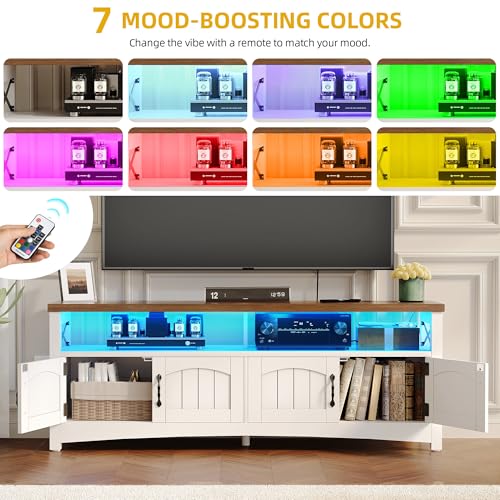DWVO Farmhouse TV Stand for TV up to 65", Wood Entertainment Center with 2-Door Storage Cabinets, 21.6" Tall Television Stands w/LED Lights, Large Media Console Cabinet for Living Room (Rustic White)