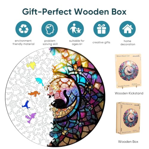 Qiuenisray Wooden Puzzle for Adults, Black Cat Puzzle 200 Piezas 11.2x11.2 pulg | Rompecabezas de Gato Negro de Luna para Relajación y Curación, Rompecabezas de Madera Certificado FSC, Decoración Brillante de Pared, Regalo Creativo para Juego Familiar miniatura 4