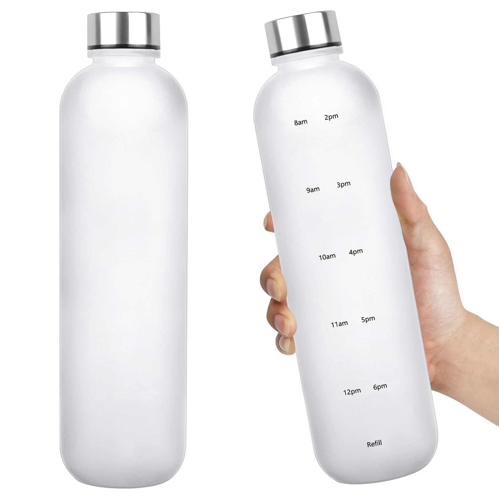 Water Bottle 32 oz, Frosted Style Sports Water Bottles BPA Free Water Bottle With Time Marker,Small mouth Leakproof Water Bottles with Strap for Gym Fitness Hiking Bike Camping (White)