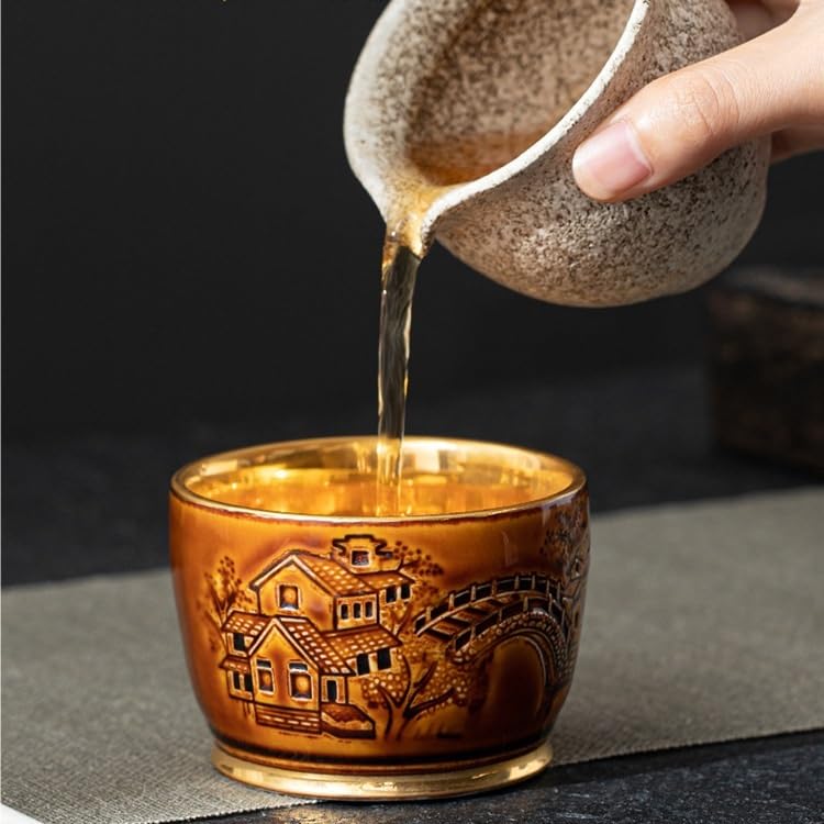Taza de té Tazón dorado - Juego Celadon Kung Fu cerámica individual for uso doméstico Recipiente for remojo(A)