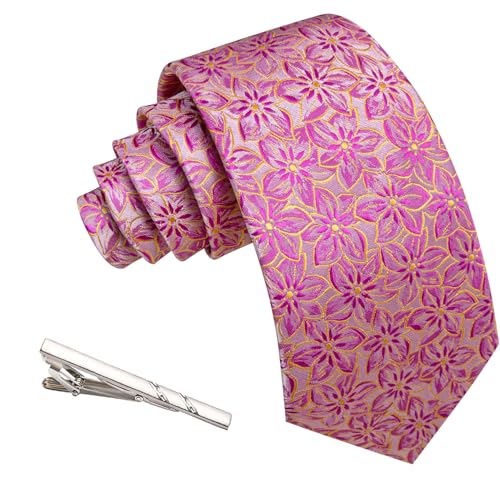 Image of Barry.Wang Floral Ties for Men Flower Necktie with Tie Clip Formal