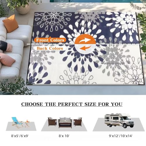 Image of Wallona Outdoor Rug 8x10 ft, Flower Blue & White | Waterproof Reversible Patio Carpet for RV, Outside Camping, Deck, Porch, Balcony, Beach