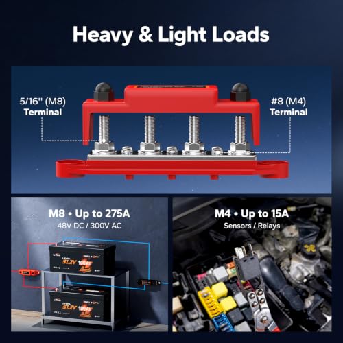 Image of LiTime 275A Bus Bar, 4 x5 /16''(M8) Studs, 6 x #8(M4) Screws, Red and Black